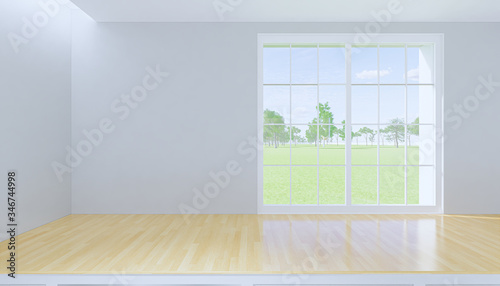 3d rendering of wood countertop product display and nature out side window.
