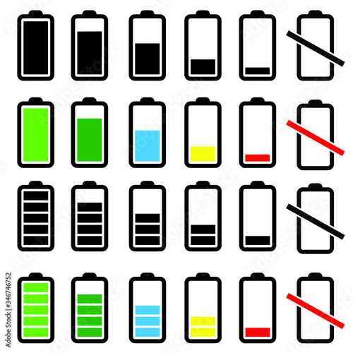 Battery icons vector set. Phone charge level illustration sign collection. UI design elements of battery percentage.
