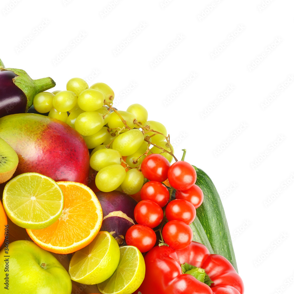 Assortment of fruits and vegetables isolated on white background. Free space for text. Assortment of fruits and vegetables isolated on white background. Free space for text.