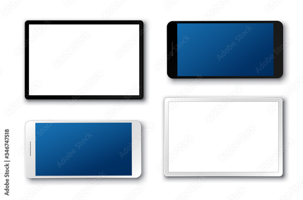 Tablet and mobile phone vector set. Mobile phones and touchscreen tablet in 3D realistic look with white screen isolated in white. Vector illustration.
Tablet and mobile phone vector set. Mobile phones and touchscreen tablet in 3D realistic look with white screen isolated in white. Vector illustration.