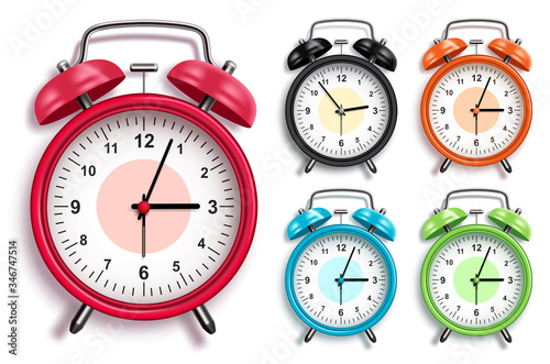 Alarm clock vector set. 3D realistic analog alarm clocks in various colors with glossy looks in front view for design elements. Vector illustration.
