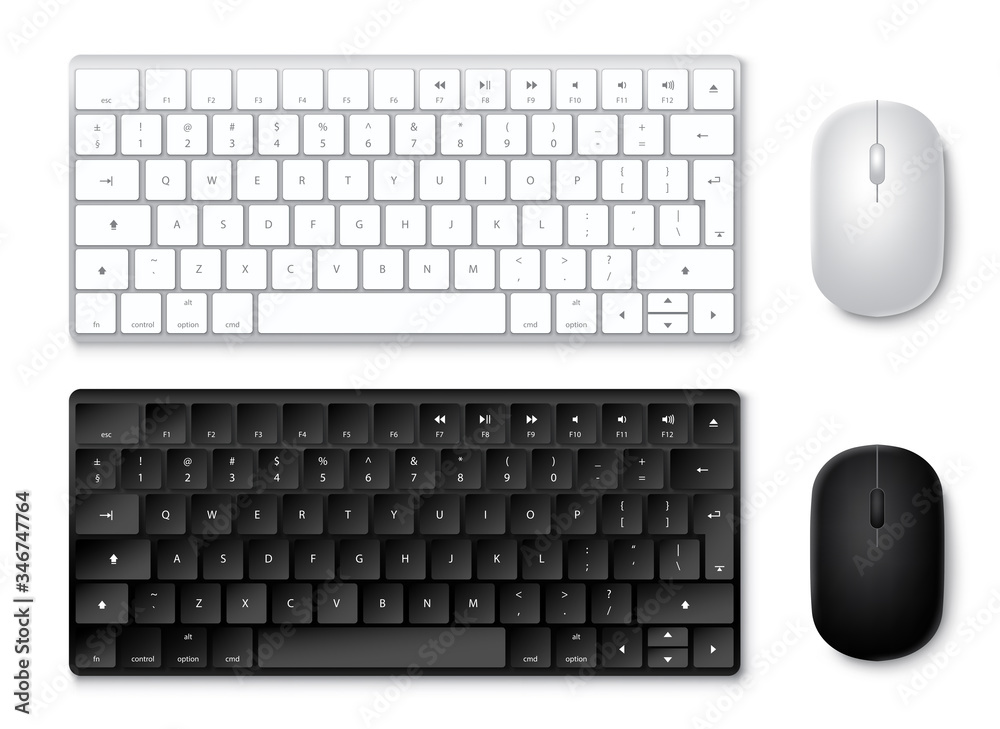 Keyboard and mouse vector set. 3D realistic keyboards and mouse in black and white colors with top view isolated in white. Vector illustration.
Keyboard and mouse vector set. 3D realistic keyboards and mouse in black and white colors with top view isolated in white. Vector illustration.