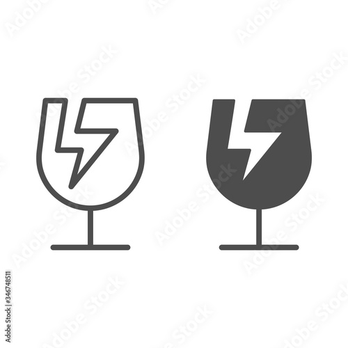 Broken glass symbol of fragile cargo line and solid icon, logistic and delivery symbol, Fragile or breakable material packaging vector sign on white background, handle with care icon outline. Vector.