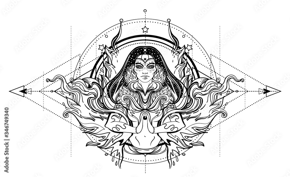 Asian magic woman with sacred geometry and fire. Vector Illustration ...