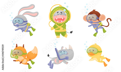 Smiling Animals Swimming Under Water Wearing Diving Suits Vector Set