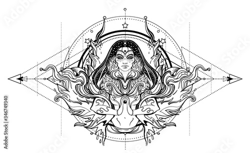 Asian magic woman with sacred geometry and fire. Vector Illustration. Mysterious thai girl over mystic symbols and flames. Alchemy, religion, spirituality, occultism, tattoo art, Asian culture.