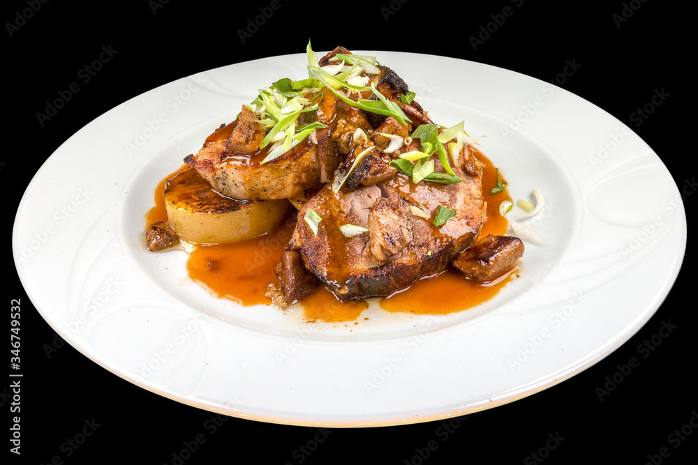 Tasty Porchetta with mushrooms, and spices on a plate, isolated on black background.