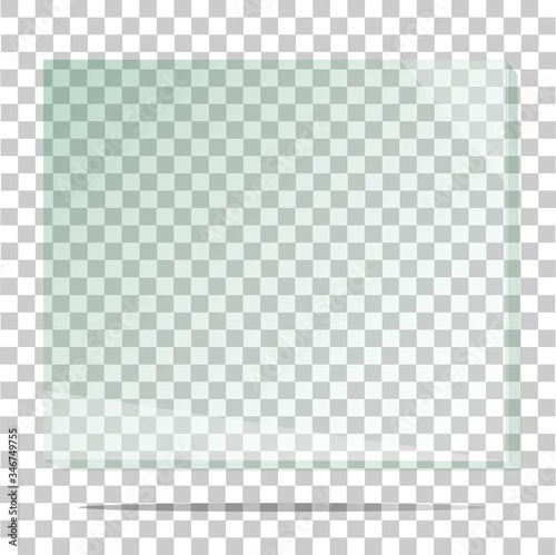 Glass plate on transparent background. Acrylic and glass texture with glares and light. Realistic transparent glass window. Vector