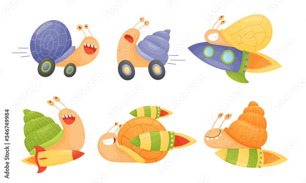 Fast Snails Vector Set. Funny Cartoon Mollusk Characters with Turbo Rocket Boosters