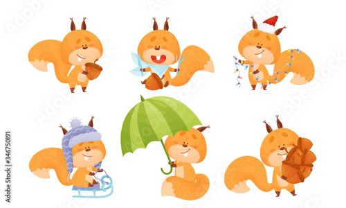 Cute Squirrel Character Doing Different Activities Vector Set