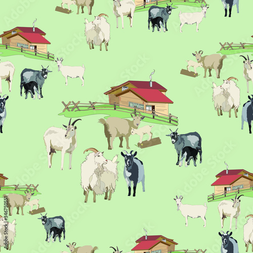 Light summer composition with a small herd of charming goats on a green meadow against the background of a country house. Textile composition, template for the design of print, advertising, fabric.