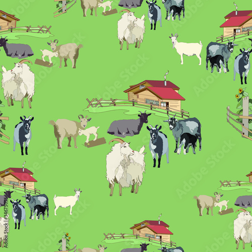 A small herd of charming goats on a green meadow against the background of a country house. Textile composition, template for the design of print, advertising, fabric, wallpaper and boxes.