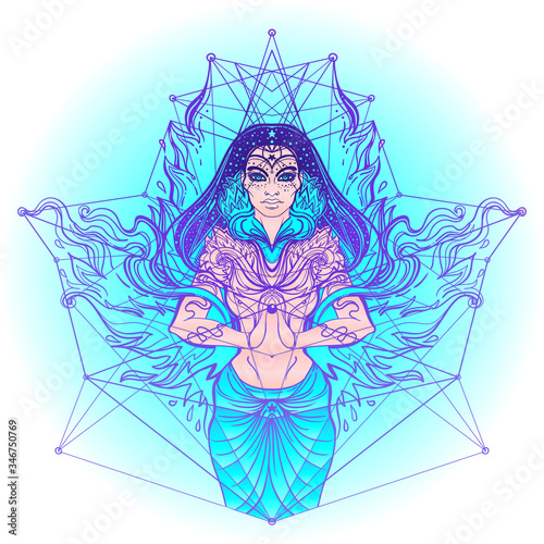 Asian magic woman with sacred geometry and fire. Vector Illustration. Mysteri...