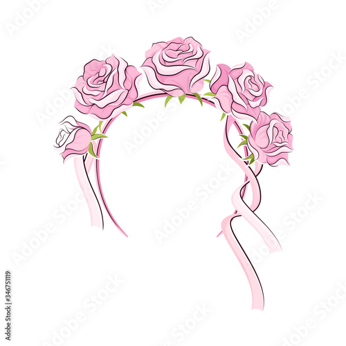 Pink Headband with Rose Flowers and Long Satin Ribbons as Ballet Accessory Vector Illustration