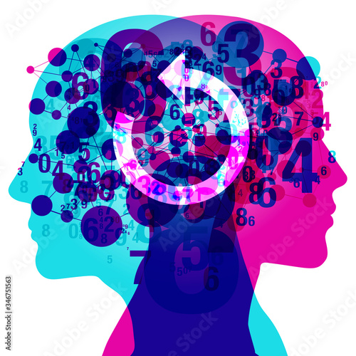A Male and Female side silhouette profile overlaid with various blending semi-transparent jigsaw shapes. Overlaid within the centre is a semi glowing rewind Arrow.