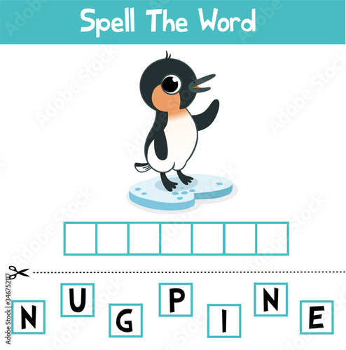 Spelling word scramble game template. Educational activity for kids. Vector stock illustration.