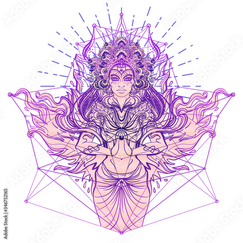 Asian magic woman with sacred geometry and fire. Vector Illustration. Mysterious thai girl over mystic symbols and flames. Alchemy, religion, spirituality, occultism, tattoo art, Asian culture.