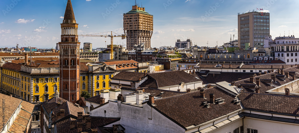 Skyline view at Torre Velasca in Milan, Italy