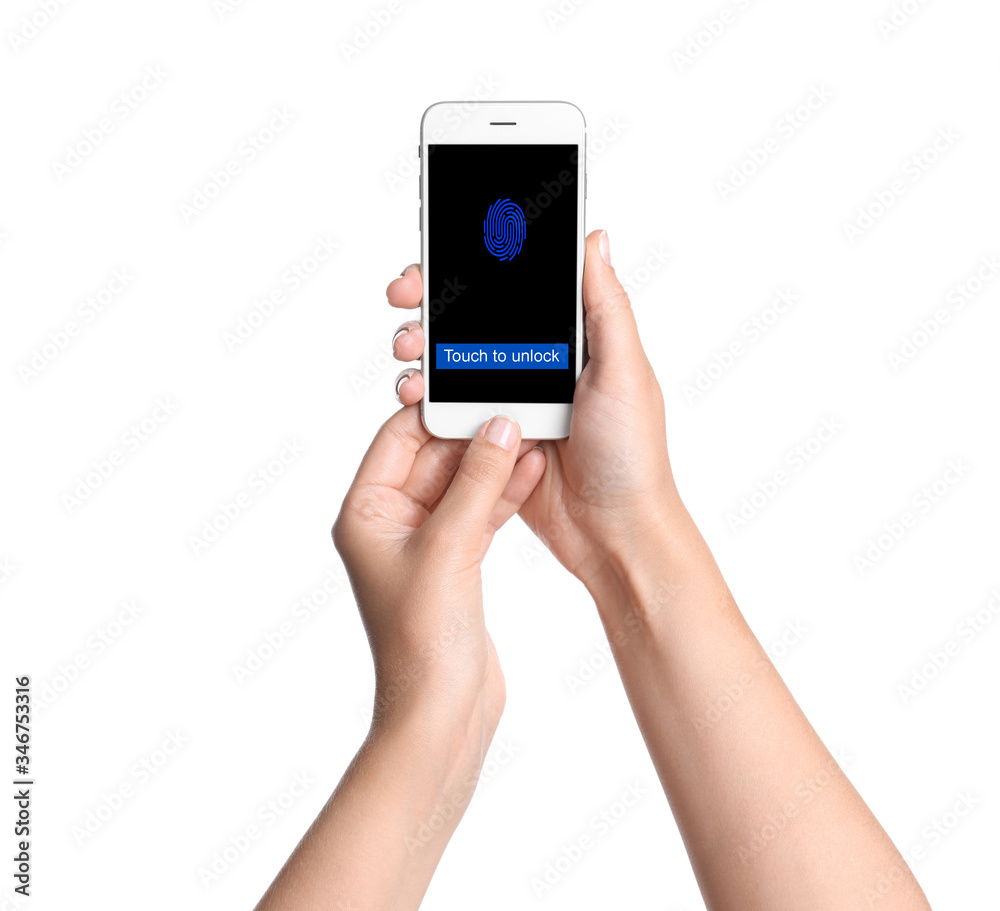 Woman with smartphone scanning fingerprint on white background, closeup. Digital identity