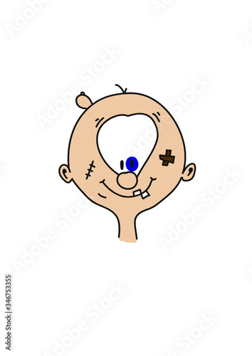 Cartoon character with a black eye, a scar, plaster and a big bump on the head