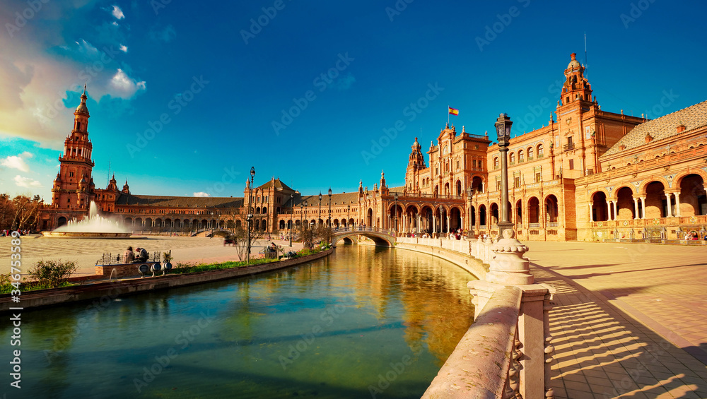 Seville, Spain - 10 February 2020 : Plaza de Espana Spain Square with Boats on the Canal in Seville Spain City Center