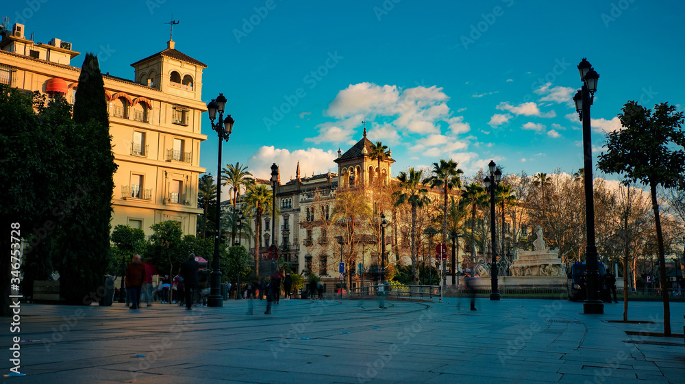 Naklejka premium Seville, Spain - 10 February 2020 : Architecture on the Main Boulevard in Seville Spain City Center
