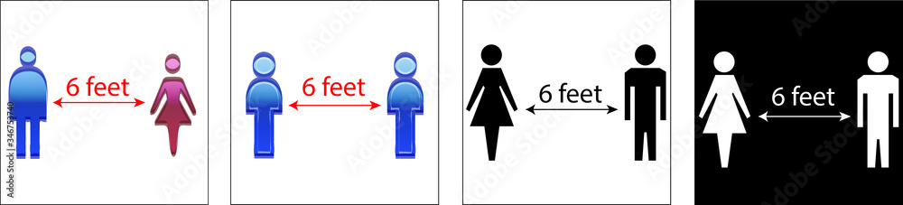 Social distancing set of icons. man and  woman black and white silhouettes and blue and pink with arrow distance between.  used during coronavirus covid-19 prevention 