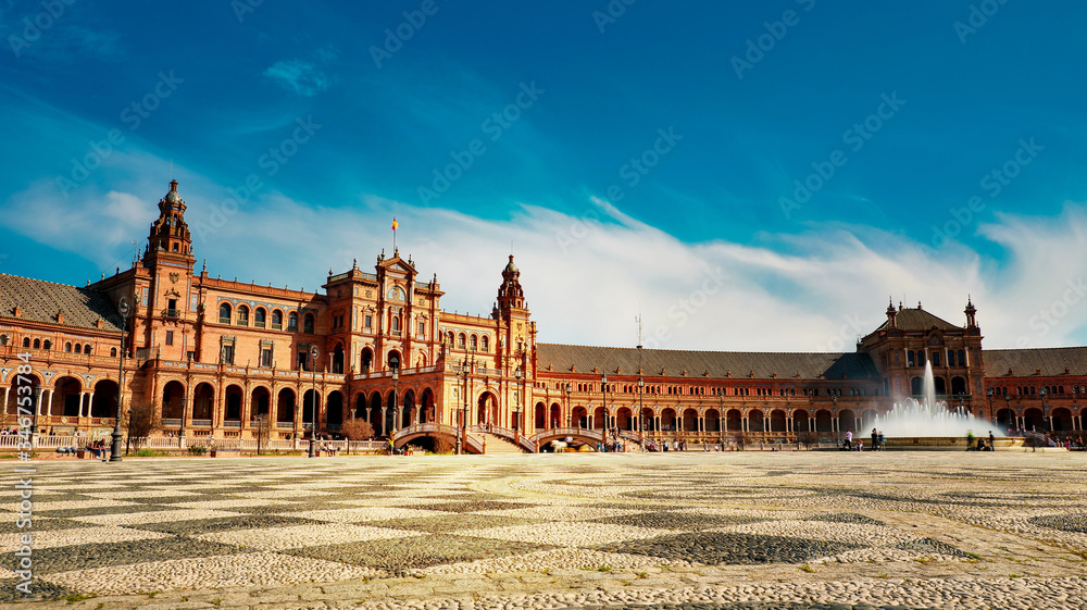 Fototapeta premium Seville, Spain - 10 February 2020 : Plaza de Espana Spain Square Architecture Side View in Seville Spain City Center