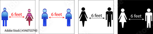Social distancing set of icons. man and  woman black and white silhouettes and blue and pink with arrow distance between.  used during coronavirus covid-19 prevention  photo