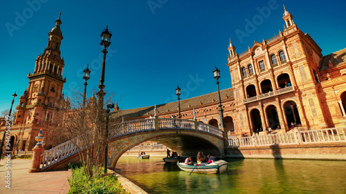 Seville, Spain - 10 February 2020 : Plaza de Espana Spain Square Architecture Bridge View over the Canal in Seville Spain City Center