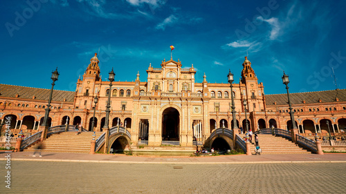 Seville, Spain - 10 February 2020 : Plaza de Espana Spain Square Architecture Front View in Seville Spain City Center