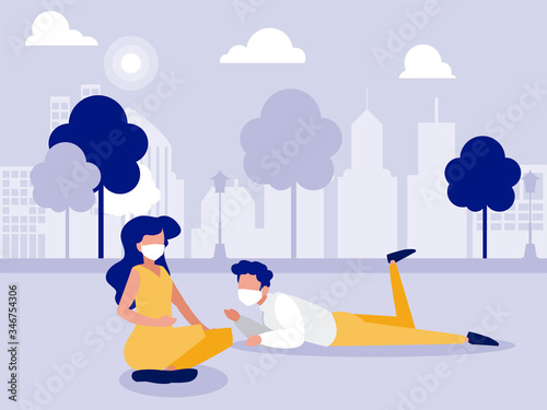 Woman and man couple with masks at park in front of city buldings vector design
