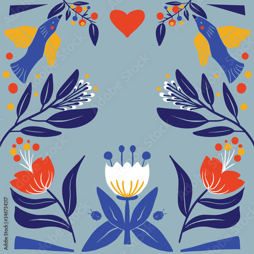 Floral Folk art  square pattern in modern style, Scandi vector illustration