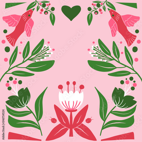 Floral Folk art  square pattern in modern style, Scandi vector illustration