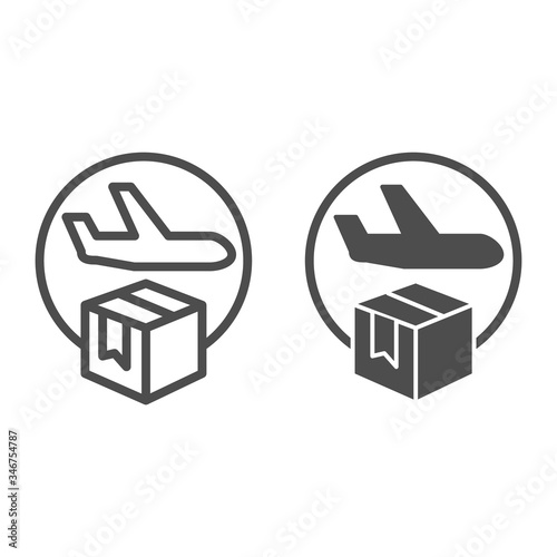 Airmail and cardboard package line and solid icon, delivery and logistic symbol, air freight carrier with parcel vector sign on white background, delivery cargo plane with box icon outline. Vector.