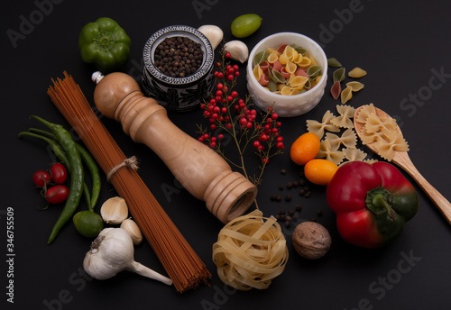 Different types of pasta and spices.