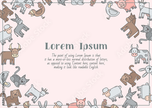 Domestic animal - horizontal card with text and vector color illustrations of pets for graphic design