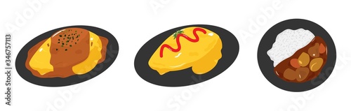 Omurice. Japanese omelette with ketchup. Omelette with curry sauce. Curry rice. photo