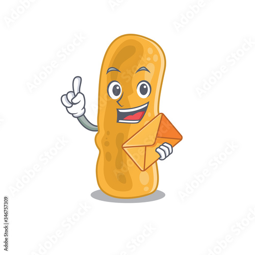 Happy shigella flexneri mascot design concept with brown envelope photo