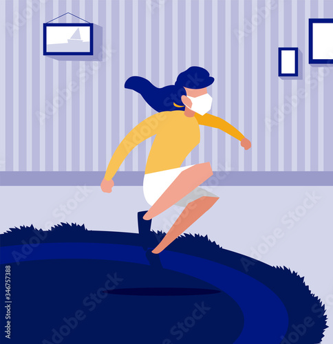 Woman jumping with mask at home vector design