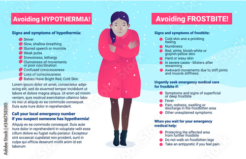 Avoiding hypothermia and frostbite information. Freezing young girl standing on snow outdoors. Signs and symptoms of hypothermia and frostbite. Medical attention and healthcare vector illustration