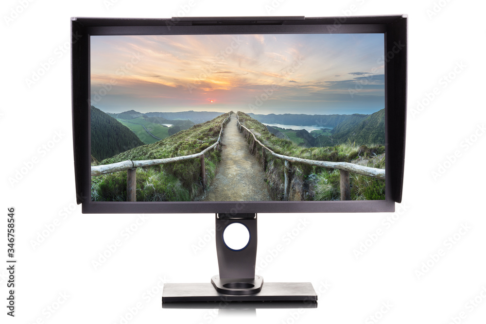 Fototapeta premium Professional photographer monitor with shading hood isolated on white
