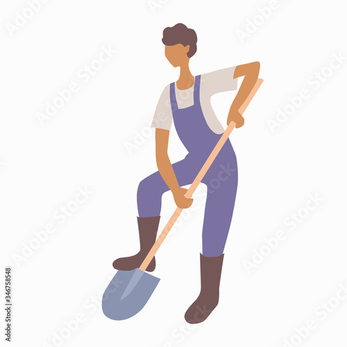 Young man in overalls and boots digs the ground with a shovel. Worker or gardener. Soil cultivation. Hobby or business growing garden vegetables or fruits. Stock vector illustration isolated on white.