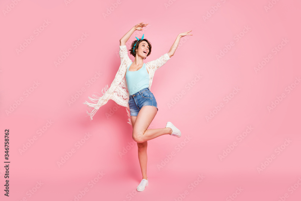 Full length body size view of her she nice attractive lovely pretty cheerful cheery positive girl dancing having fun chill out bachelorette air wind blowing isolated over pink pastel color background