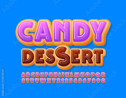 Vector tasty emblem Candy Dessert with Violet Glazed Font. Sweet Donut Alphabet Letters and Numbers