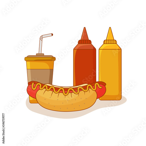 Combo fast food menu. Hot dog, soda pop, ketchup and mustard