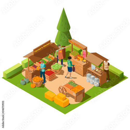 Farm local market isometric composition with farmer greengrocer characters selling natural organic food products 3d vector illustration. Street outdoor fair with eco healthy vegetables, agricultural