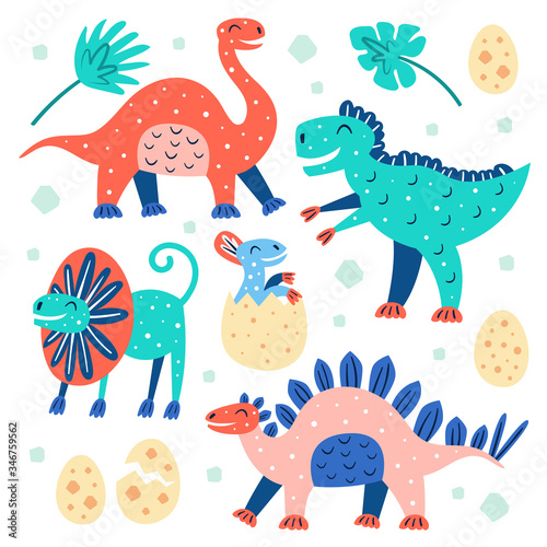 Set of little cute dinosaurs. Triceratops, T-rex, diplodocus, palm leaf, stegosaurus. Prehistoric animals. Jurassic world. Flat colourful vector illustration, art isolated on white background.