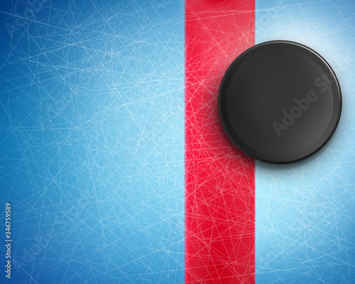 Vector 3d realistic black rubber puck on the blue ice with traces from skates. Hockey background, mockup for advertising poster, banner. Template for sport event, bets site, competition.