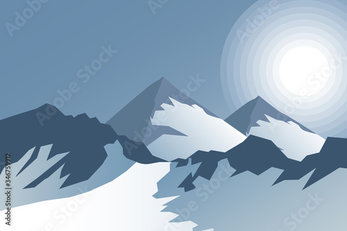 Abstract, blue vector, morning, mountain landscape, lit by the rays of the rising sun. Wallpaper, banner of a mountain resort.
